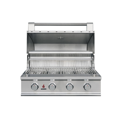 True Flame E Series 32 inch built-in gas grill with the hood open, model TFE32