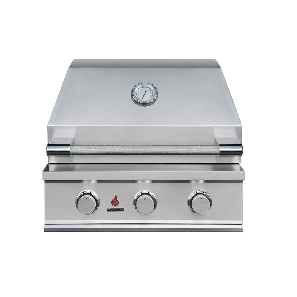 True Flame E Series 25 inch built-in gas grill with the hood closed, model TFE25