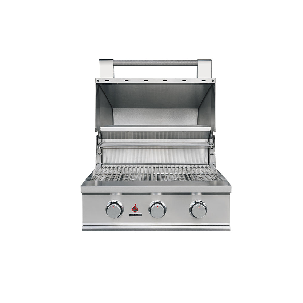 True Flame E Series 25 inch built-in gas grill with the hood open, model TFE25