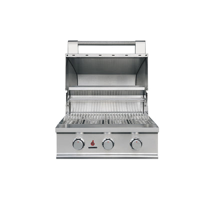 True Flame E Series 25 inch built-in gas grill with the hood open, model TFE25