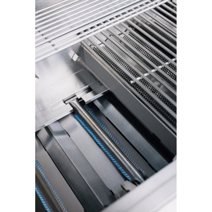 Lit burners inside a True Flame E Series built-in gas grill