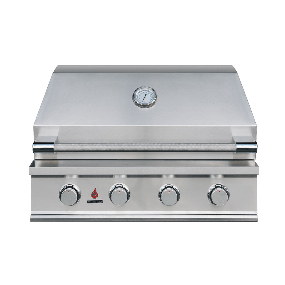 True Flame E Series 32 inch built-in gas grill with the hood closed, model TFE32