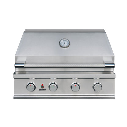True Flame E Series 32 inch built-in gas grill with the hood closed, model TFE32