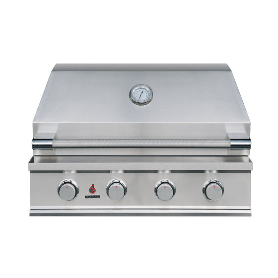 True Flame E Series 32 inch built-in gas grill with the hood closed, model TFE32