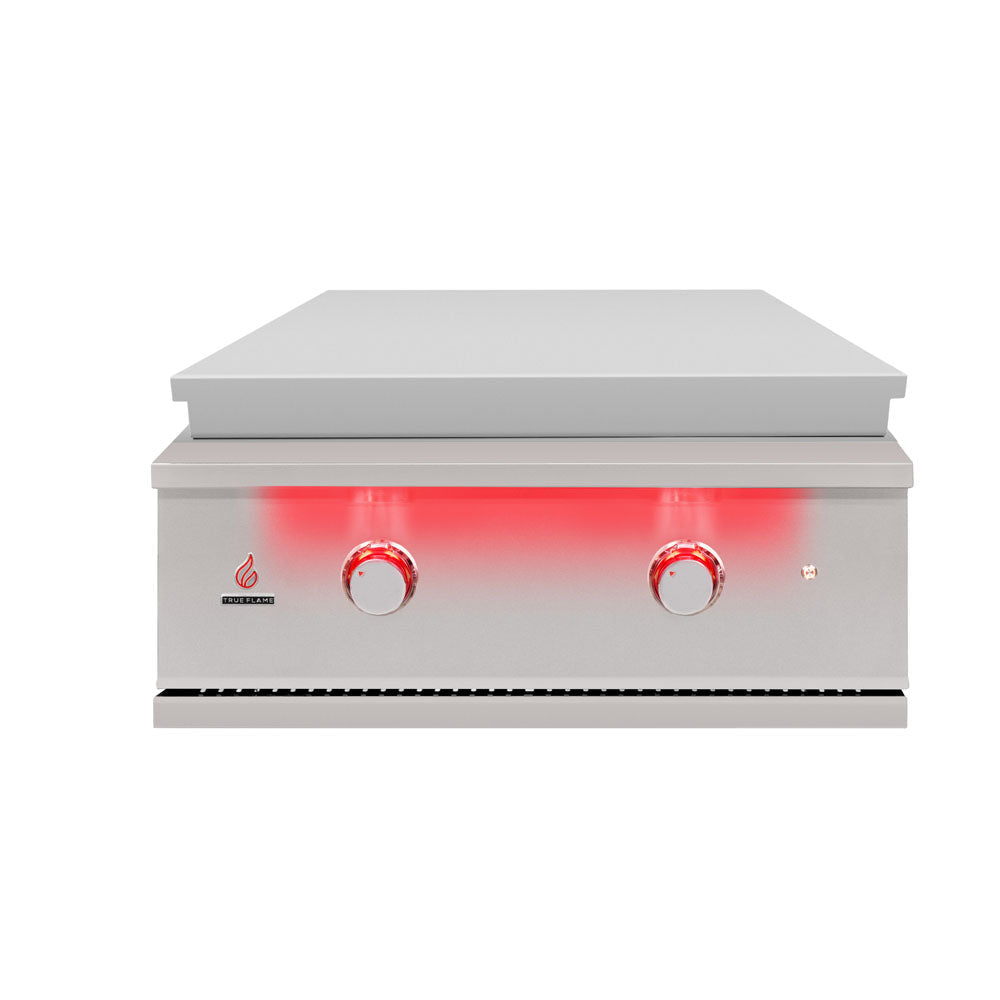 True Flame TFG30 30 inch gas griddle with its stainless steel lid on