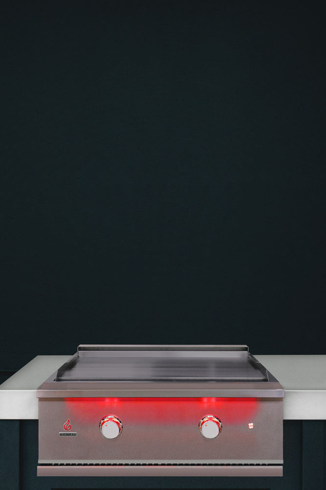 True Flame TFG30 gas griddle built into an outdoor kitchen island