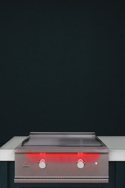 True Flame TFG30 gas griddle built into an outdoor kitchen island
