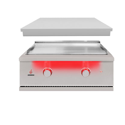 True Flame TFG30 gas griddle with the removable lid lifted above it