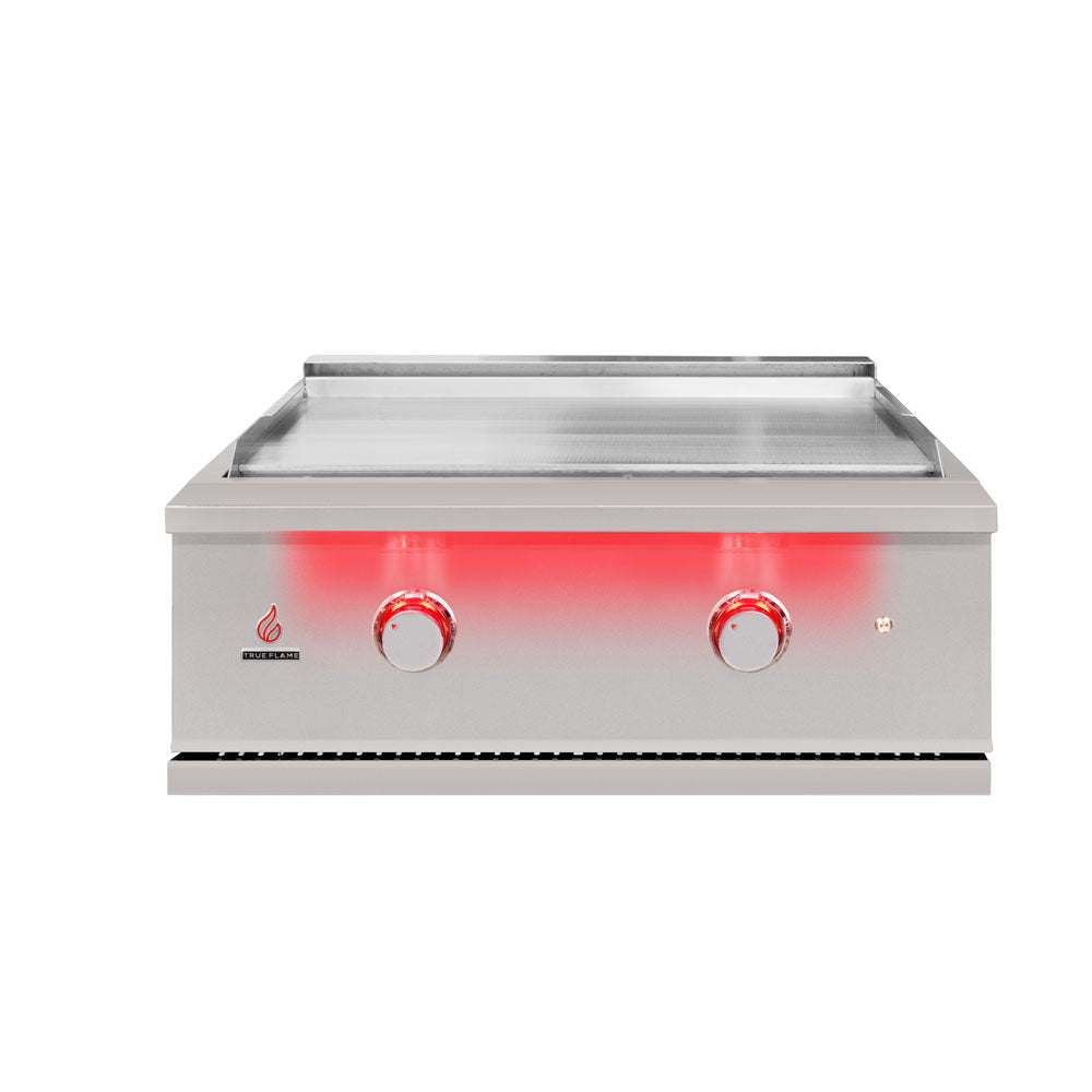 True Flame TFG30 30 inch built-in gas griddle with the lid off, showing the cooking surface