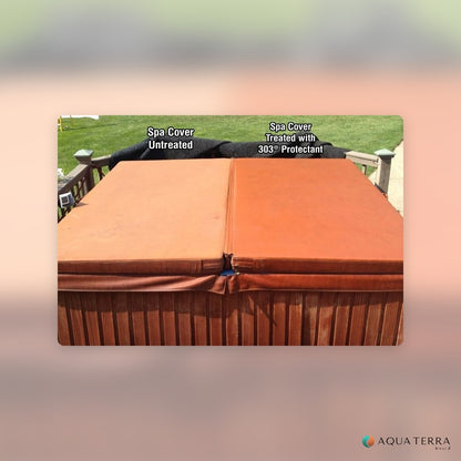 Hot tub cover untreated on the left and treated with 303 Aerospace Protectant on the right, showing restored color