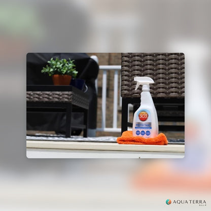 303 Aerospace Protectant spray bottle on outdoor wicker patio furniture