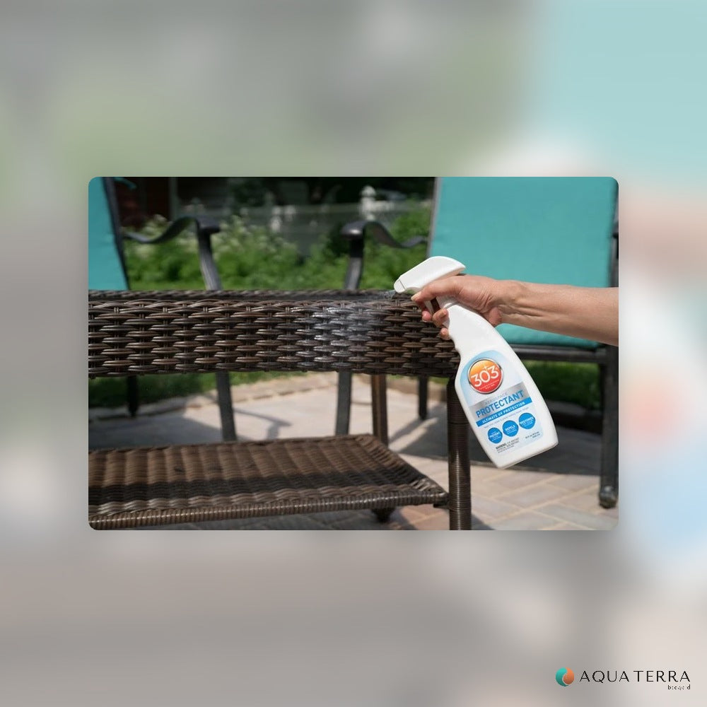 Spraying 303 Aerospace Protectant onto a wicker patio table