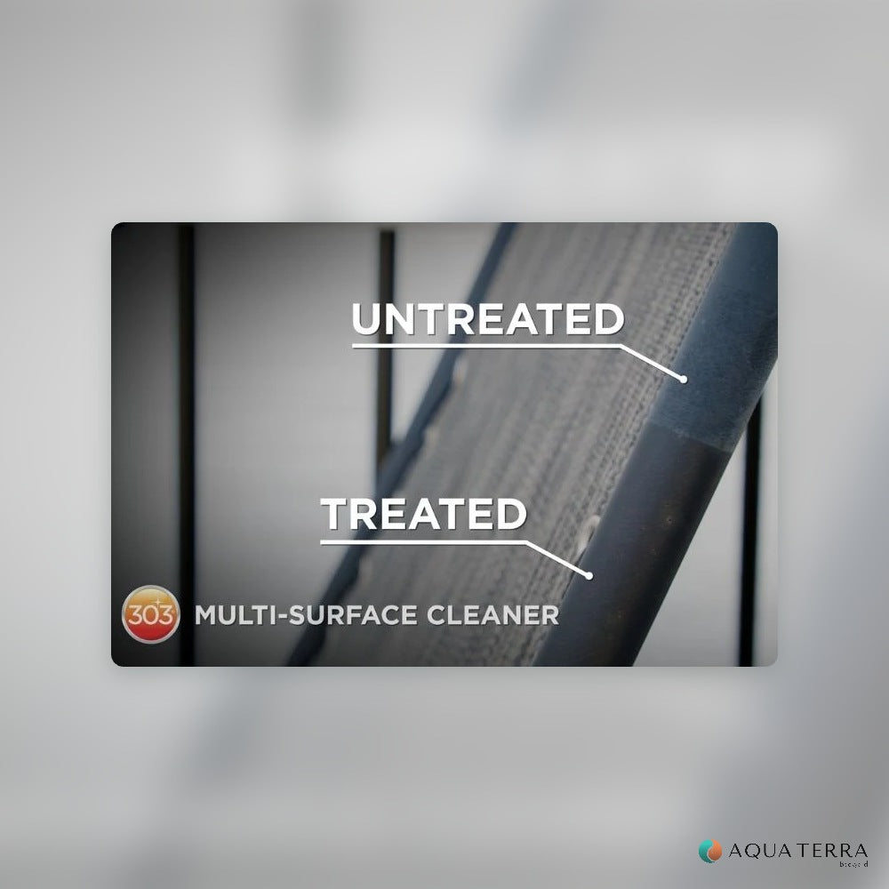 Outdoor fabric untreated and treated with 303 Multi-Surface Cleaner showing a cleaner surface