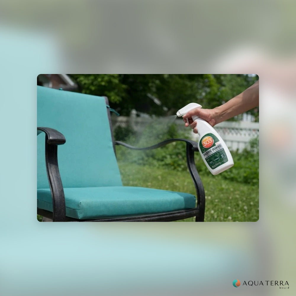 Spraying 303 Fabric Guard onto an outdoor patio chair cushion