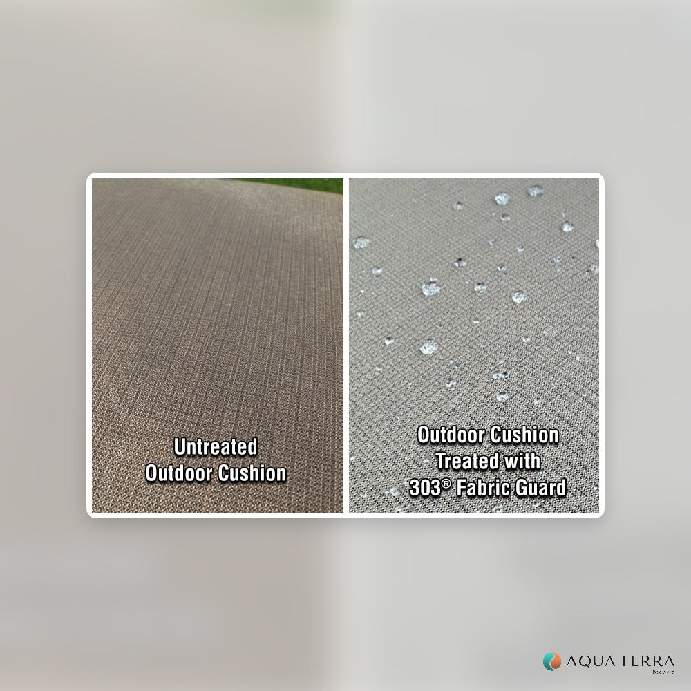 Outdoor cushion fabric untreated beside fabric treated with 303 Fabric Guard with water beading up