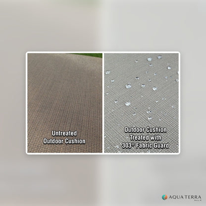 Outdoor cushion fabric untreated beside fabric treated with 303 Fabric Guard with water beading up