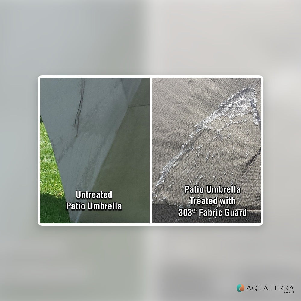 Patio umbrella fabric untreated beside fabric treated with 303 Fabric Guard repelling water