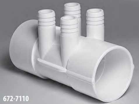 Waterway Plastics Spa Manifold, 2 inch Slip x 2 inch Slip, 4-Port, 3/4 inch Rib Barb, model 672-7110