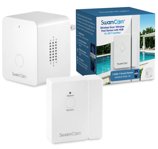 White sensor hub and a door sensor standing beside the SwamCam retail box on a pale background