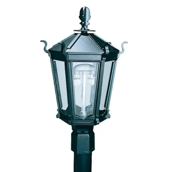 Everglow WK series cast aluminum lamp head, black. Electric version shown with the shared housing