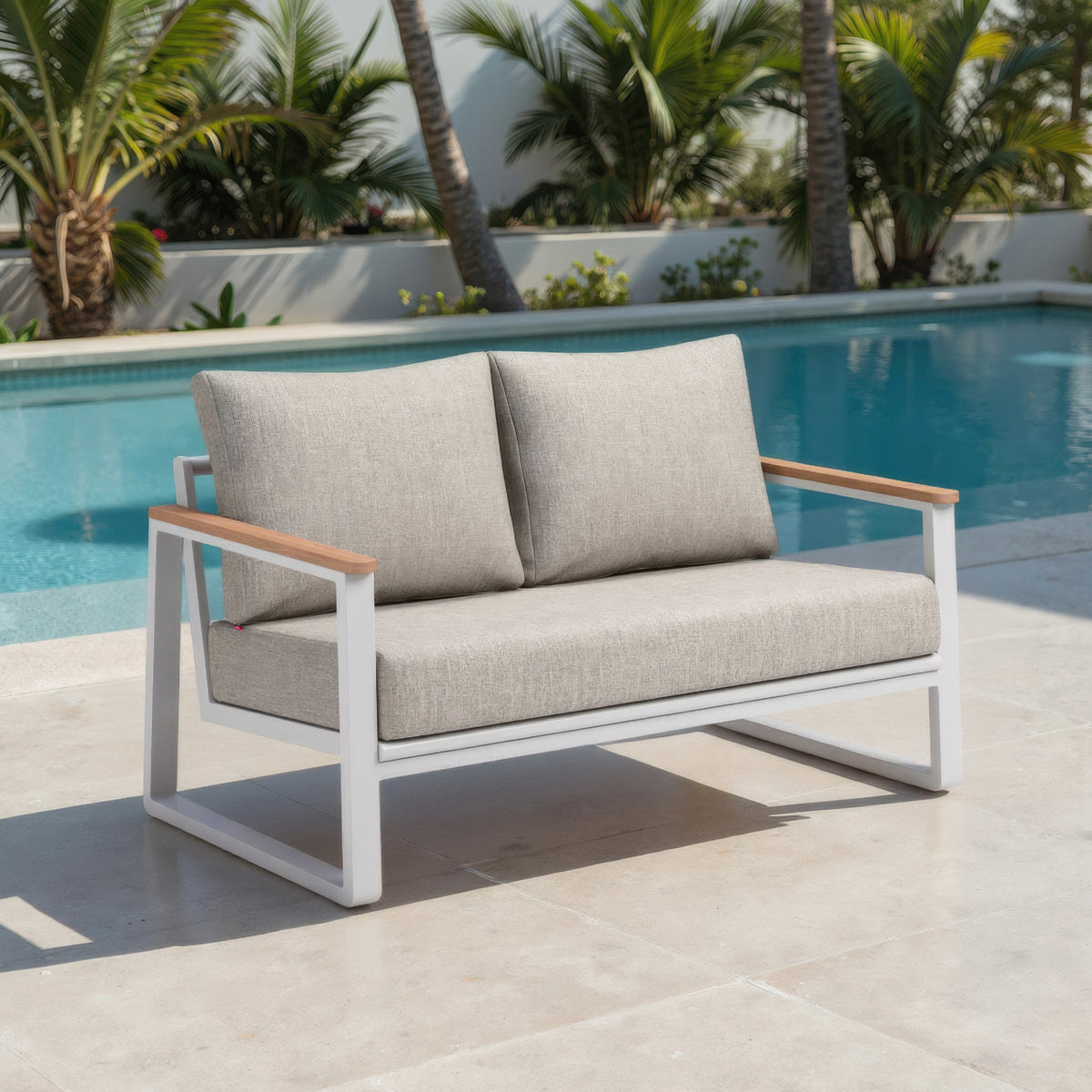 Welt Outdoor Patio Sofa, Taupe & White